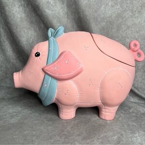 VTG Large Ceramic Pink Pig Blue Bow Cookie Jar Made In USA 1987 Curly Tail READ